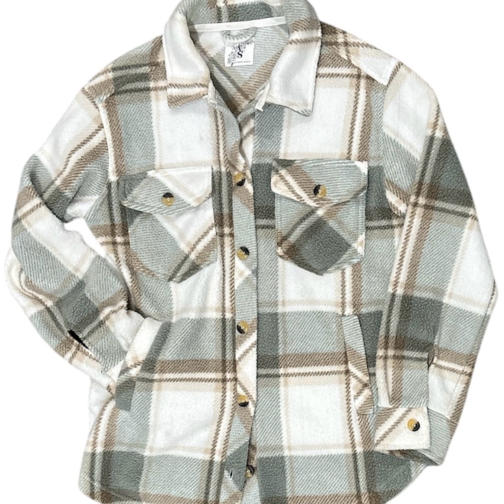 Altar'd State White and Tan Button Down Shirt with Plaid Pattern